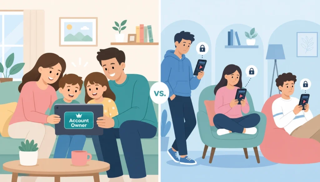 Before and after comparison of password sharing: shared family account vs individual accounts after 2026 crackdowns.