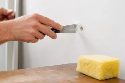 Person applying no-sand spackle to a small hole in a white drywall wall using a putty knife