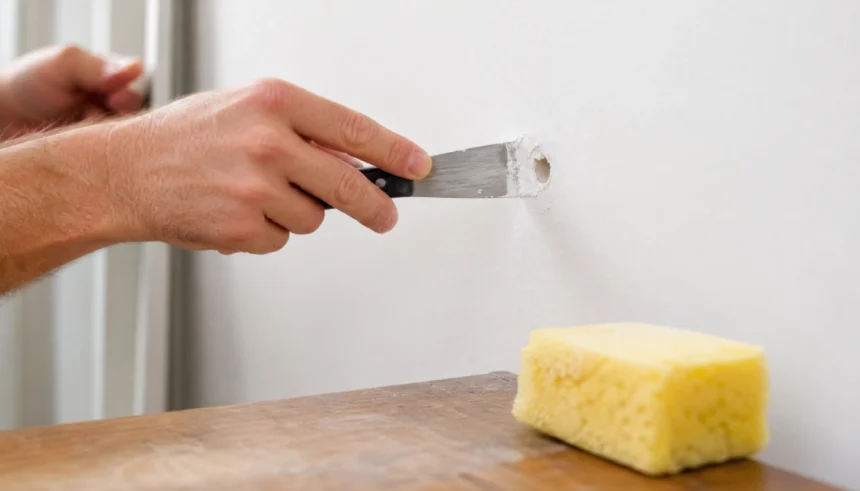 Person applying no-sand spackle to a small hole in a white drywall wall using a putty knife