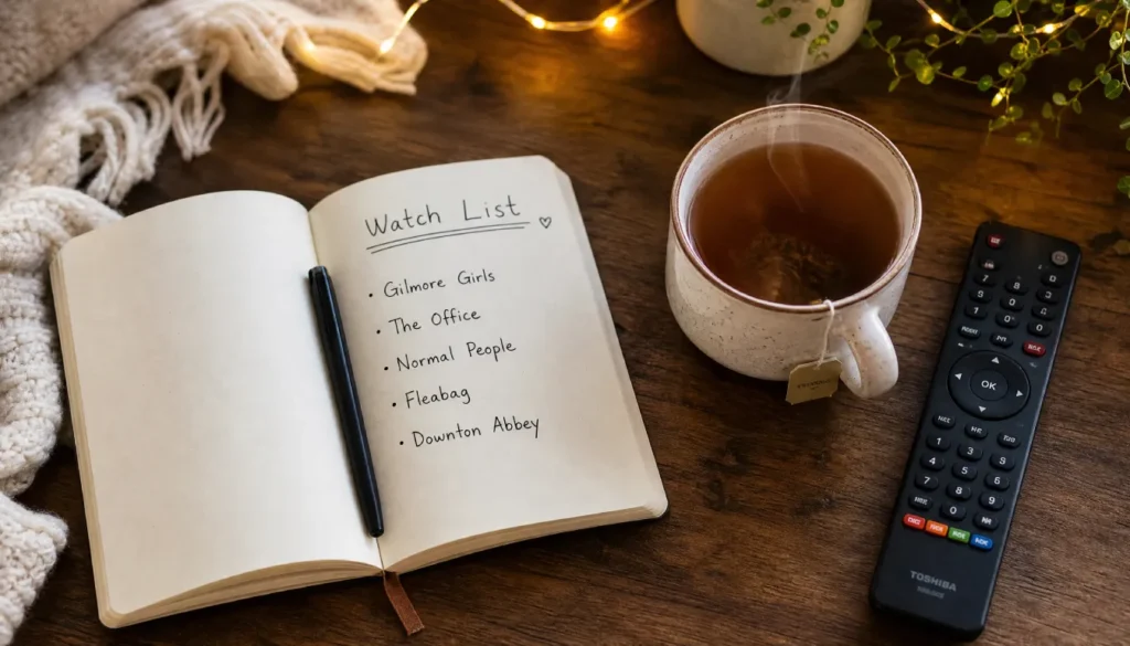 Handwritten personal watchlist in a notebook next to a TV remote and a cup of tea
