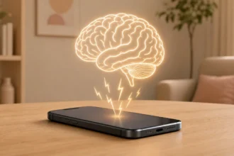 Smartphone on a table with a glowing brain illustration above it connected by lightning bolts showing phone anxiety neuroscience