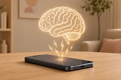 Smartphone on a table with a glowing brain illustration above it connected by lightning bolts showing phone anxiety neuroscience