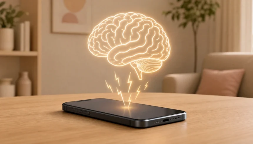 Smartphone on a table with a glowing brain illustration above it connected by lightning bolts showing phone anxiety neuroscience
