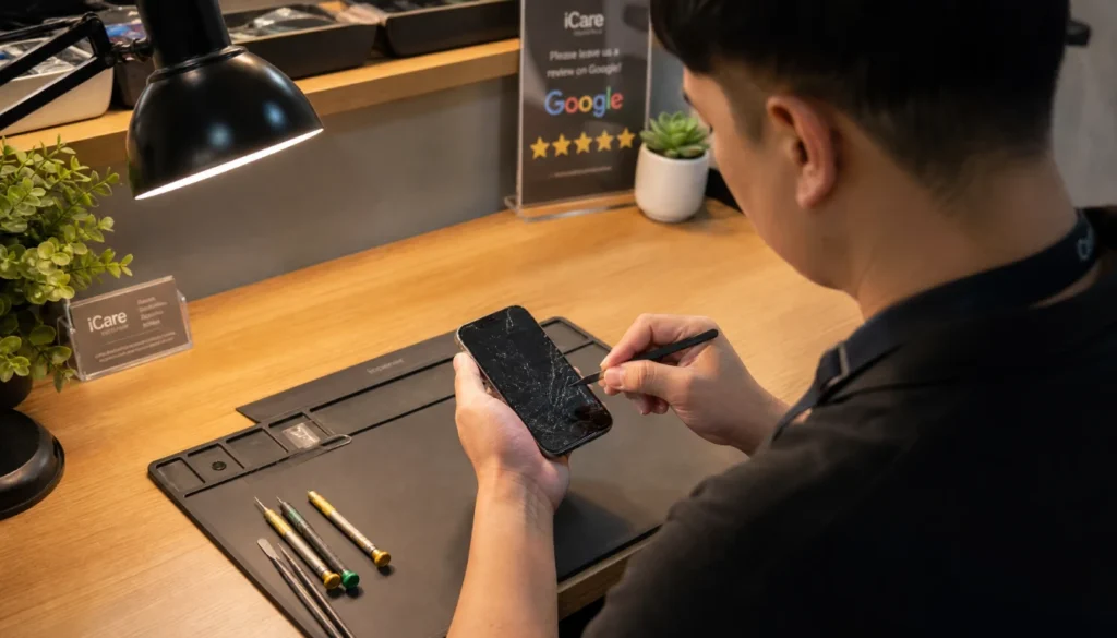 A phone repair technician examining a cracked smartphone screen at a repair shop counter.