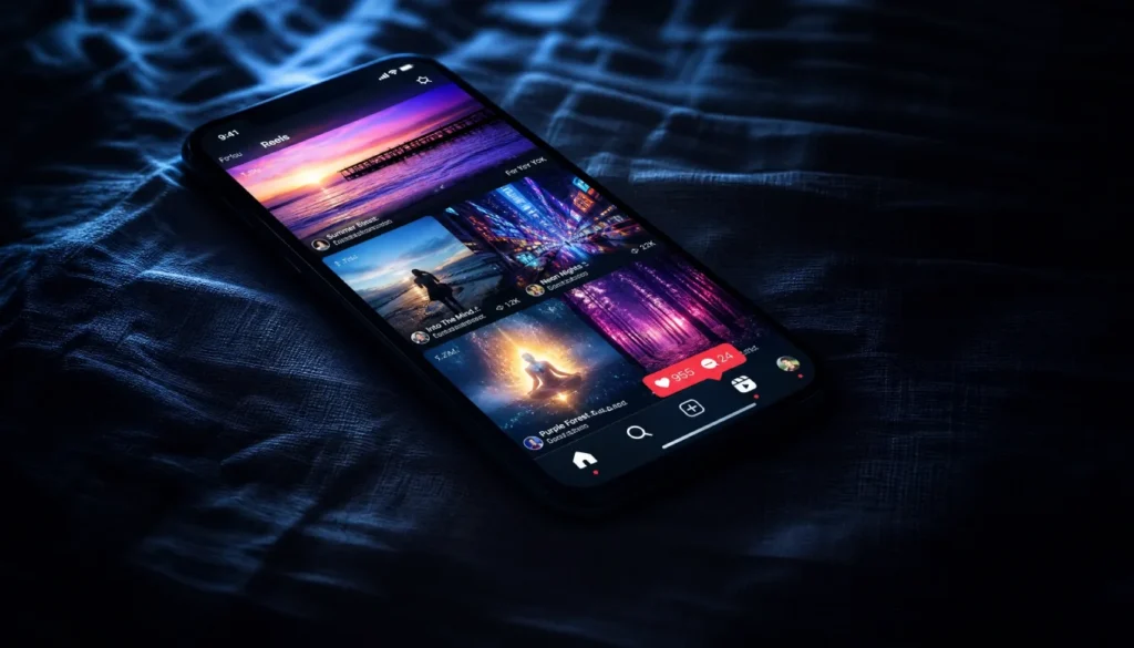 Glowing smartphone screen showing social media feed in a dark bedroom at night