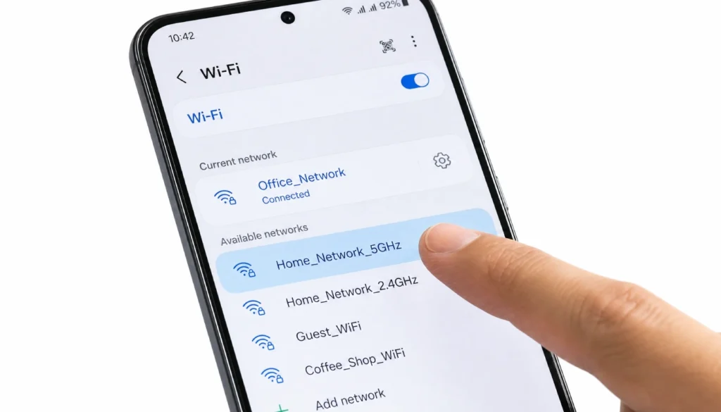 Mobile phone Wi-Fi settings screen switching from 2.4 GHz to 5 GHz band to improve slow internet at night