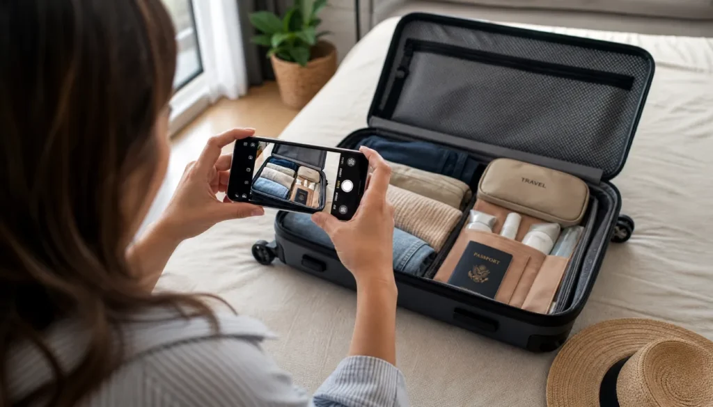 Open suitcase with clothes and toiletries being photographed by a smartphone for pre-travel documentation