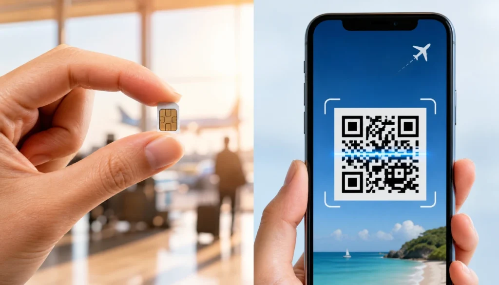 Physical SIM card next to a smartphone screen showing eSIM QR code activation