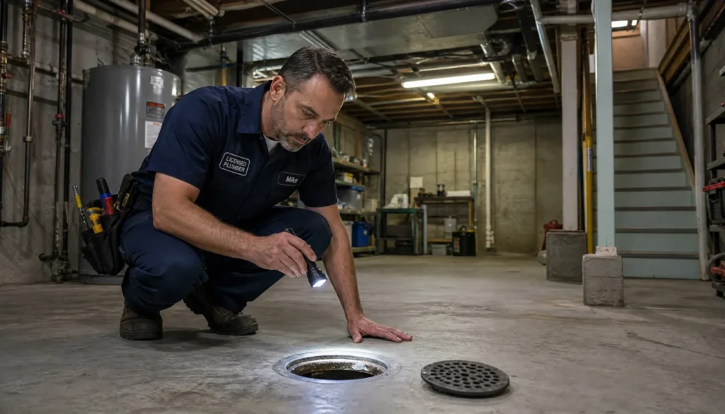 Plumber inspecting basement floor drain for sewer gas source
