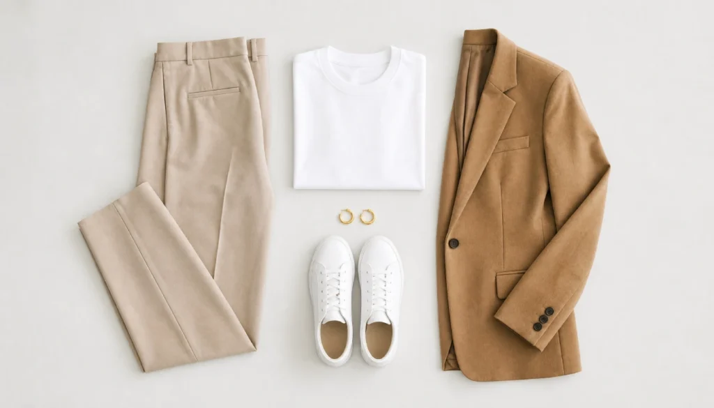 Flat-lay of a neutral capsule outfit including beige trousers, white t-shirt, camel blazer, gold hoop earrings, and white sneakers, as an easy polished look without makeup.