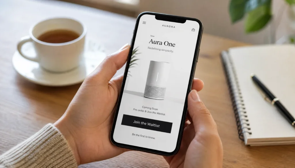 Person viewing a product pre-sale waitlist page on a smartphone