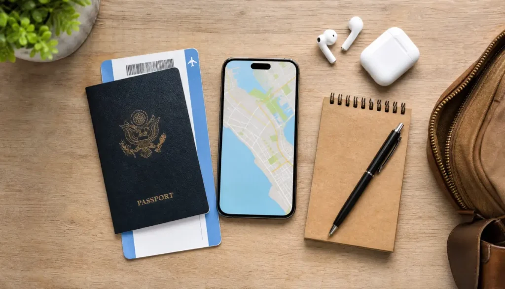 Flat lay of travel essentials including passport, boarding pass, and a smartphone with a map app, representing a pre-trip preparation checklist
