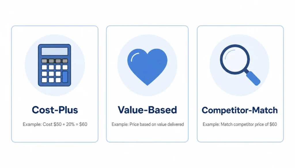 Three digital product pricing models compared, cost-plus, value-based, and competitor-match