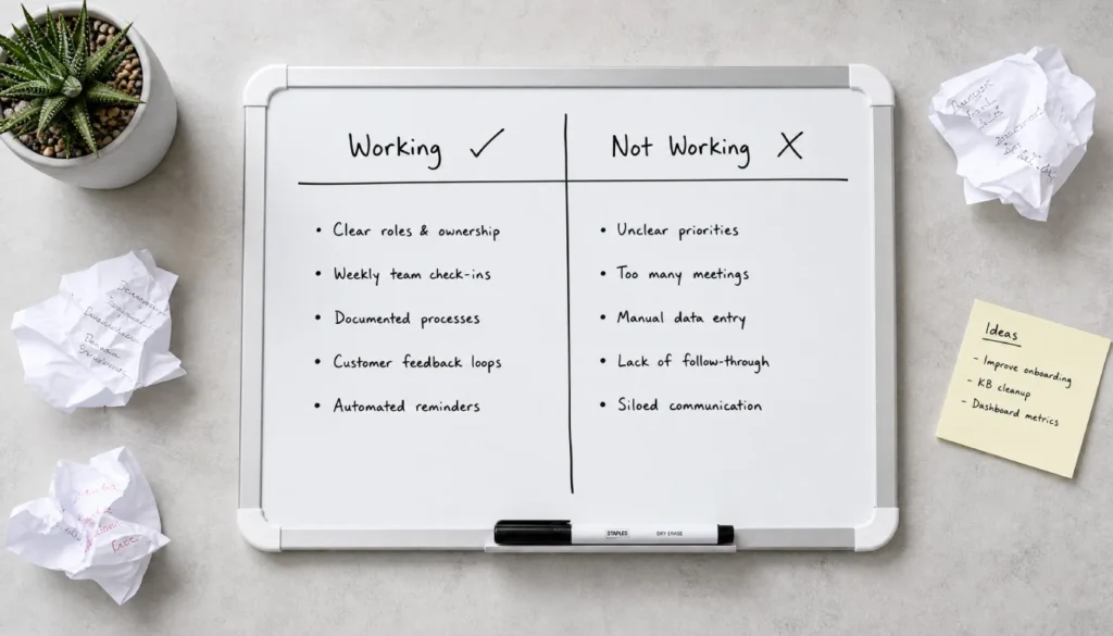 An overhead view of a whiteboard divided into two columns showing what is and is not working in a small business, representing a product-market fit self-assessment for micro-business owners.