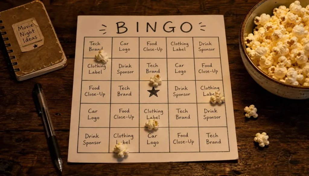 A hand-drawn product placement bingo card on a wooden table with popcorn kernel markers, showing a fun movie night brand-spotting game for friends and family.