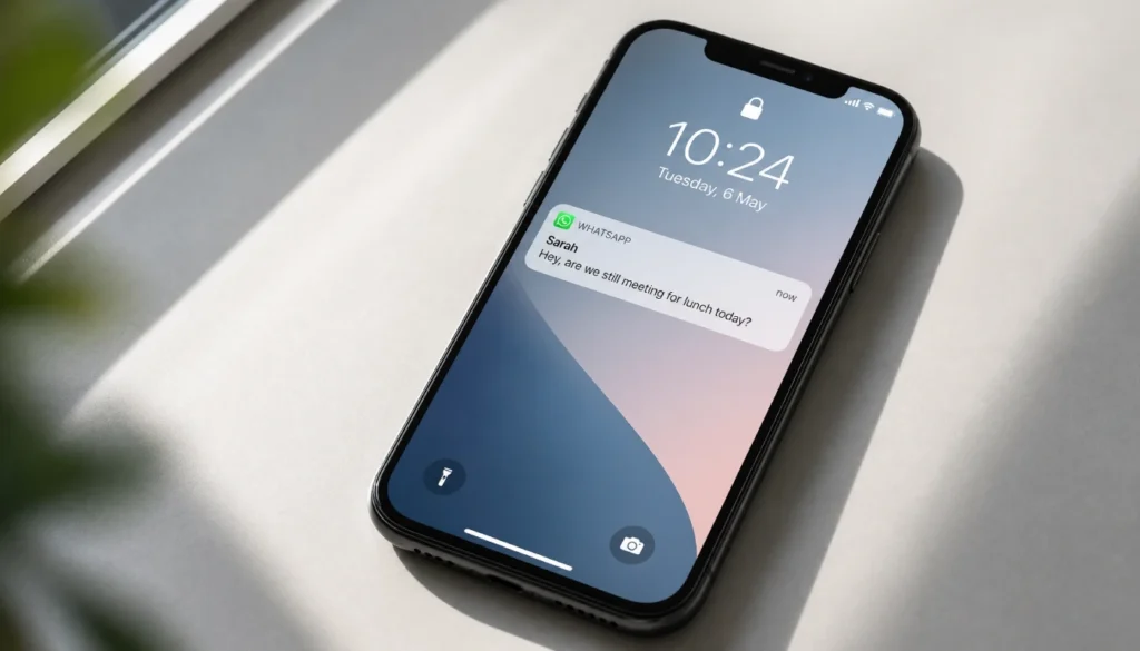 WhatsApp message notification preview visible on a smartphone lock screen without opening the app