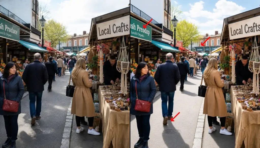 Comparison of a real street market photo and an AI-generated version highlighting lighting, text, and shadow differences