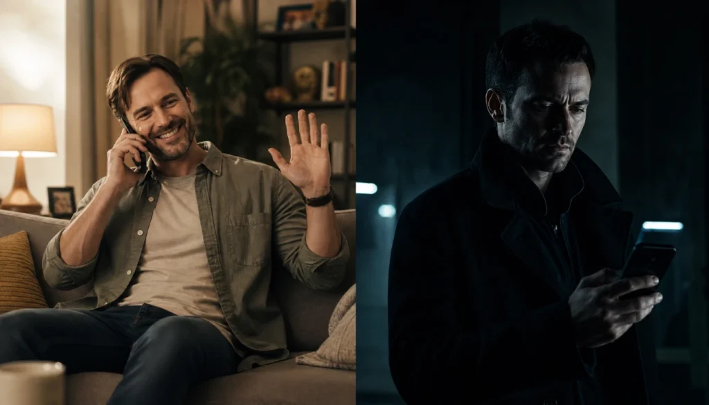 Split image comparing a casual real-life phone call goodbye on the left with a dramatic no-goodbye movie phone call on the right