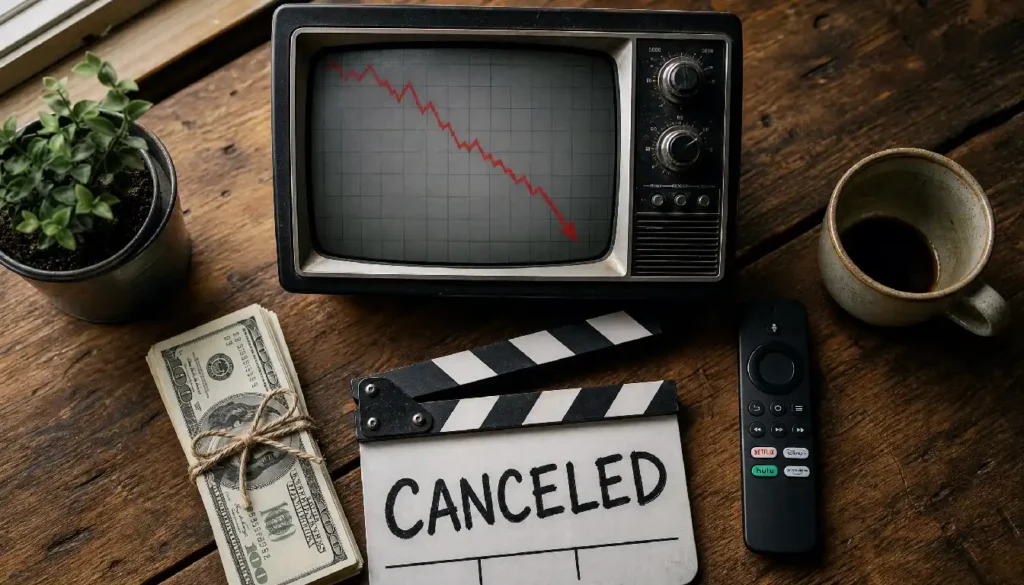 Conceptual flat lay showing ratings graph, money, canceled clapperboard, and streaming remote representing TV cancellation reasons.