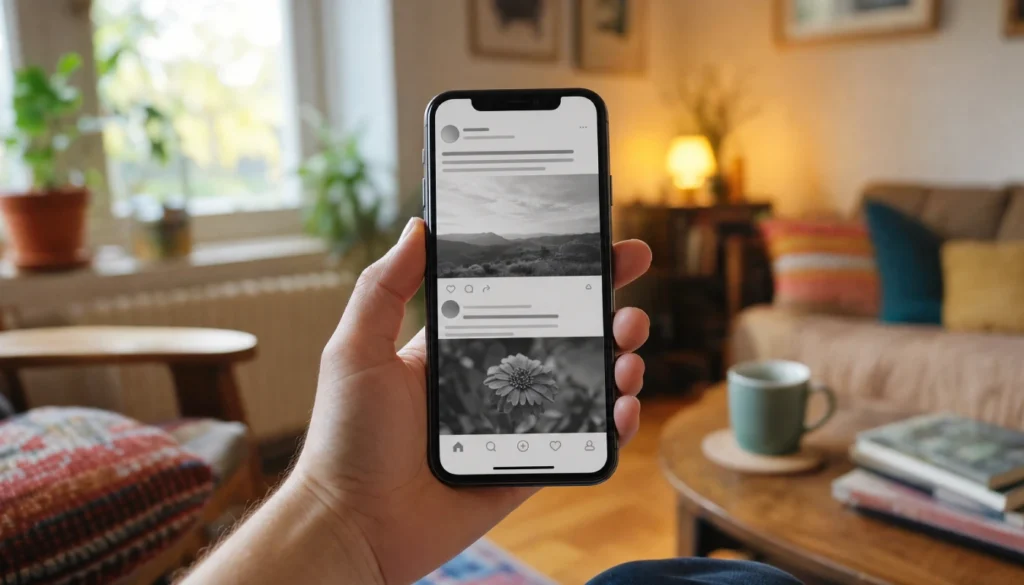 iPhone screen in grayscale mode showing Instagram feed in black and white, reducing visual appeal to cut screen time.