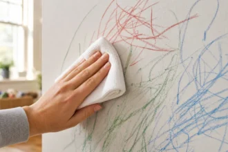 Hand wiping crayon marks off a painted wall using a soft microfiber cloth without scrubbing