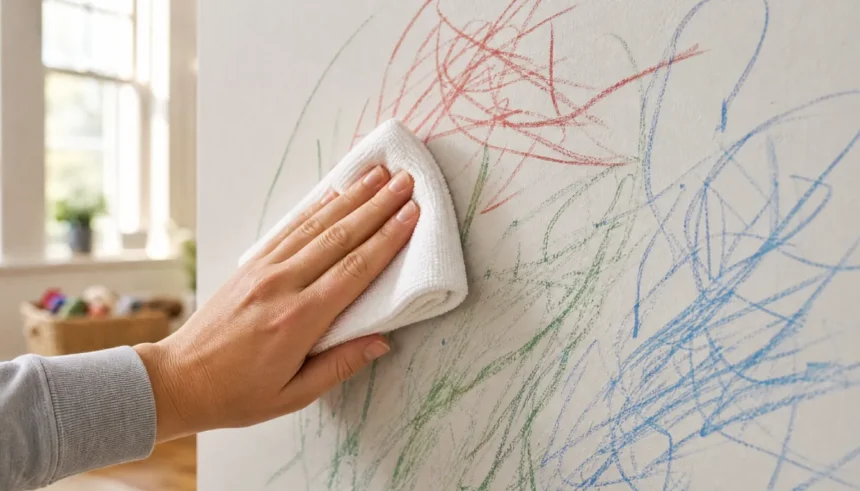 Hand wiping crayon marks off a painted wall using a soft microfiber cloth without scrubbing