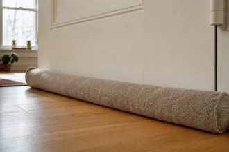 Fabric draft stopper placed along the bottom of an apartment door to block cold air drafts