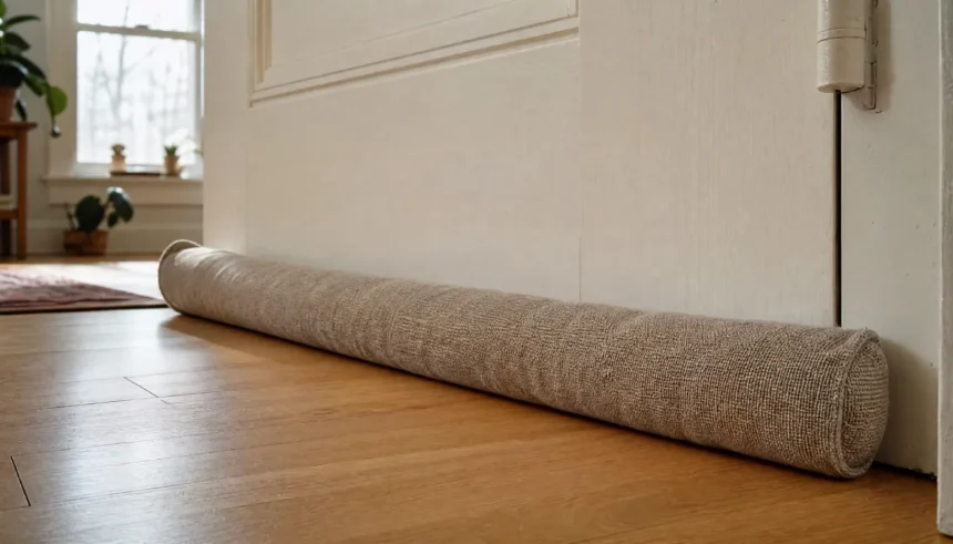 Fabric draft stopper placed along the bottom of an apartment door to block cold air drafts