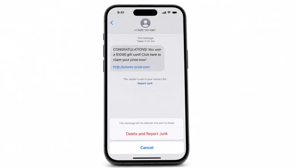 iPhone message with Delete and Report Junk option highlighted.