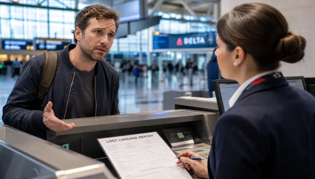 Traveler reporting lost luggage at the airport baggage service desk