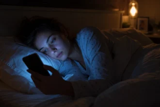Woman lying in bed at night scrolling on her phone instead of sleeping