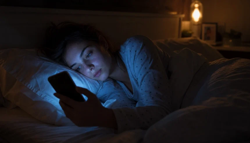 Woman lying in bed at night scrolling on her phone instead of sleeping