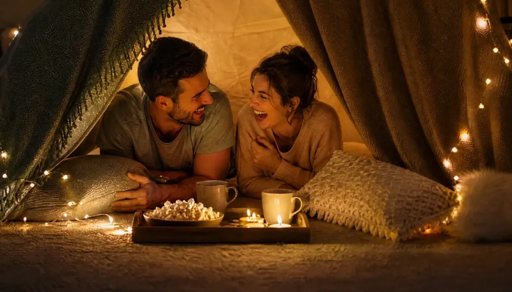 A couple enjoying a romantic blanket fort staycation at home.
