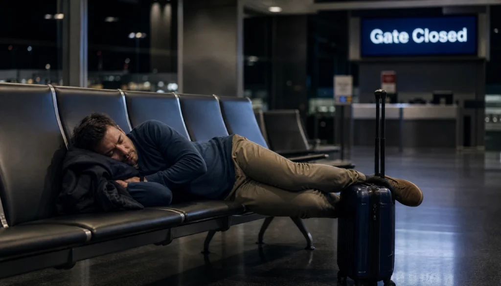 Safe sleeping setup at an airport overnight with backpack secured and minimal belongings visible