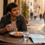 A traveler eating an affordable local meal at an outdoor cafe on a cobblestone street in Europe