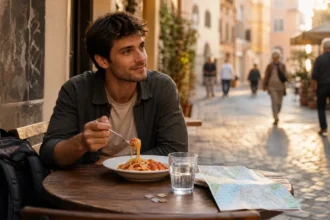 A traveler eating an affordable local meal at an outdoor cafe on a cobblestone street in Europe