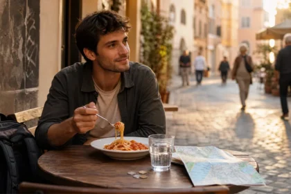A traveler eating an affordable local meal at an outdoor cafe on a cobblestone street in Europe