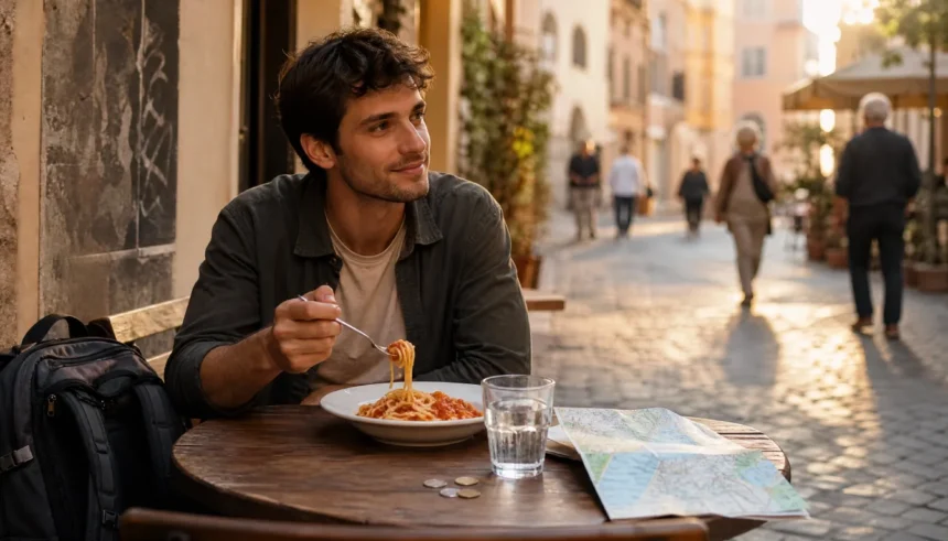 A traveler eating an affordable local meal at an outdoor cafe on a cobblestone street in Europe