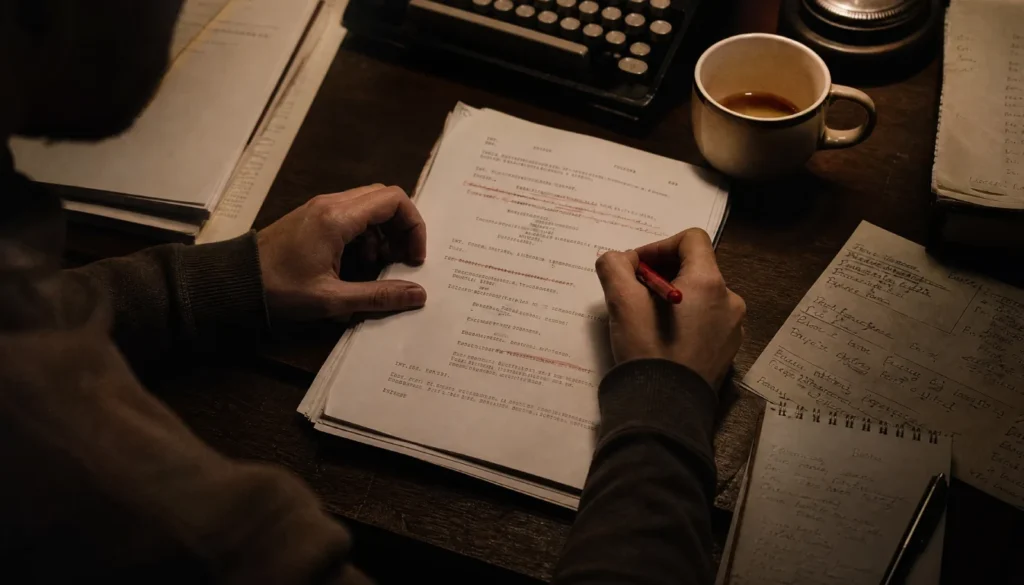 A screenwriter crossing out dialogue lines on a film script at a cluttered desk with a red pen