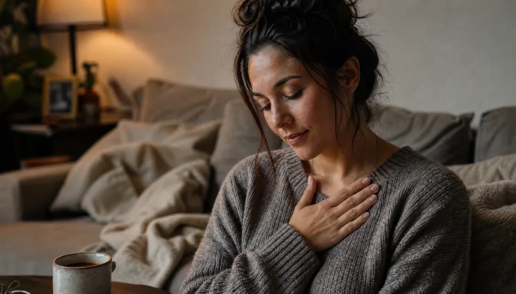 Woman sitting on a couch with one hand over her heart, looking down with a gentle and reflective expression, practicing self-compassion.