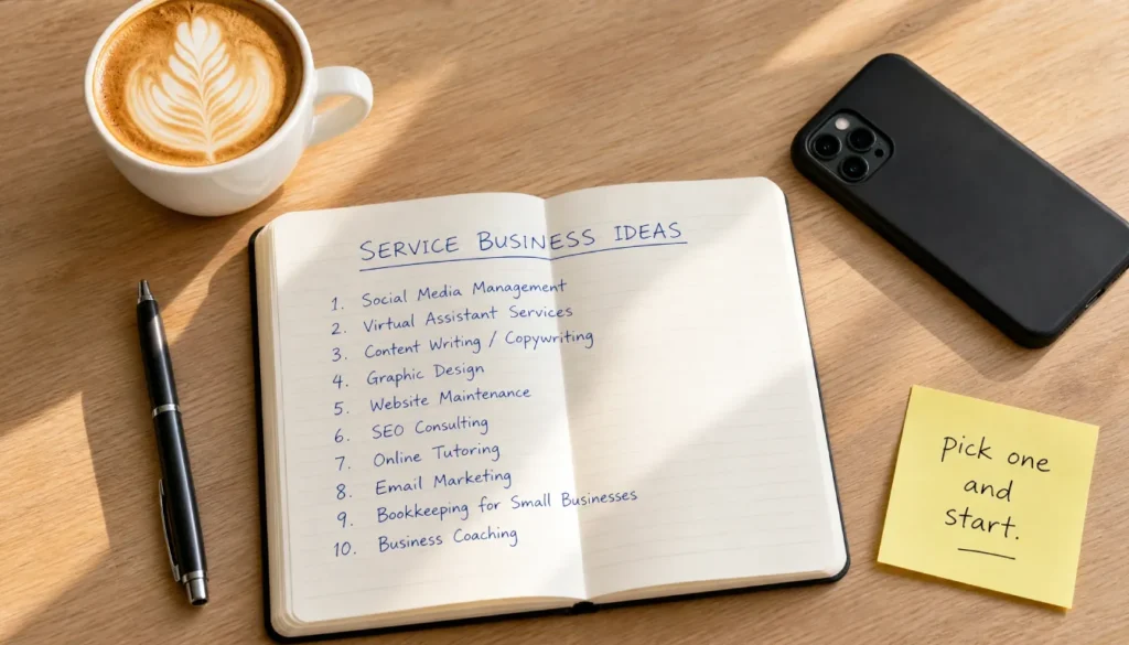 A notebook with handwritten service business ideas on a wooden desk next to a coffee cup and pen.