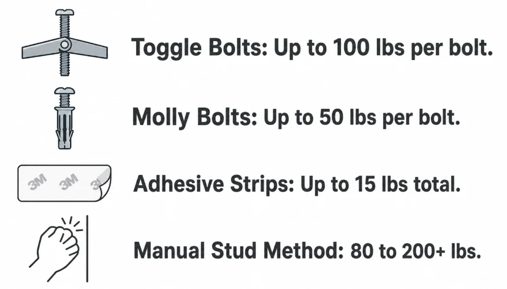 Infographic comparing weight limits for four shelf hanging methods without a stud finder: toggle bolts, molly bolts, adhesive strips, and manual stud finding