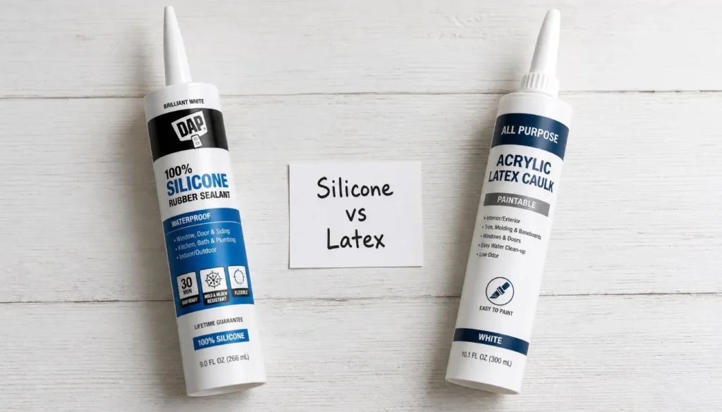 Side by side comparison of silicone caulk tube and acrylic latex caulk tube on a white surface