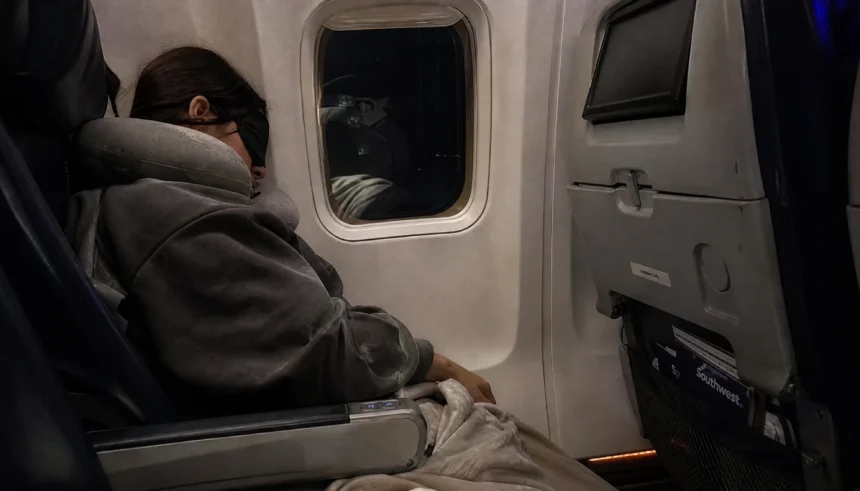 Passenger sleeping peacefully in economy class seat using a sleep mask and travel pillow