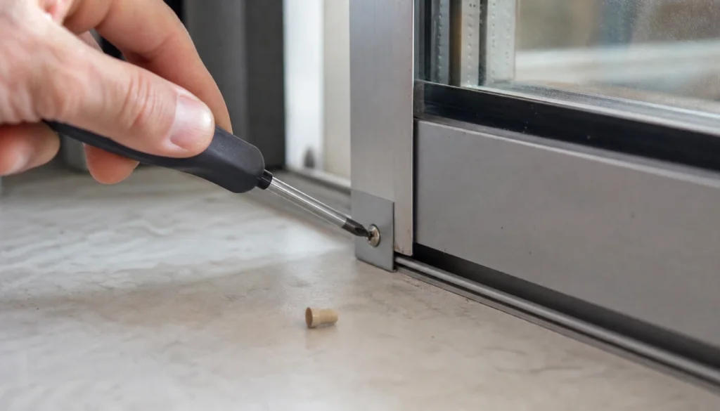 adjusting sliding glass door roller screw with a Phillips screwdriver