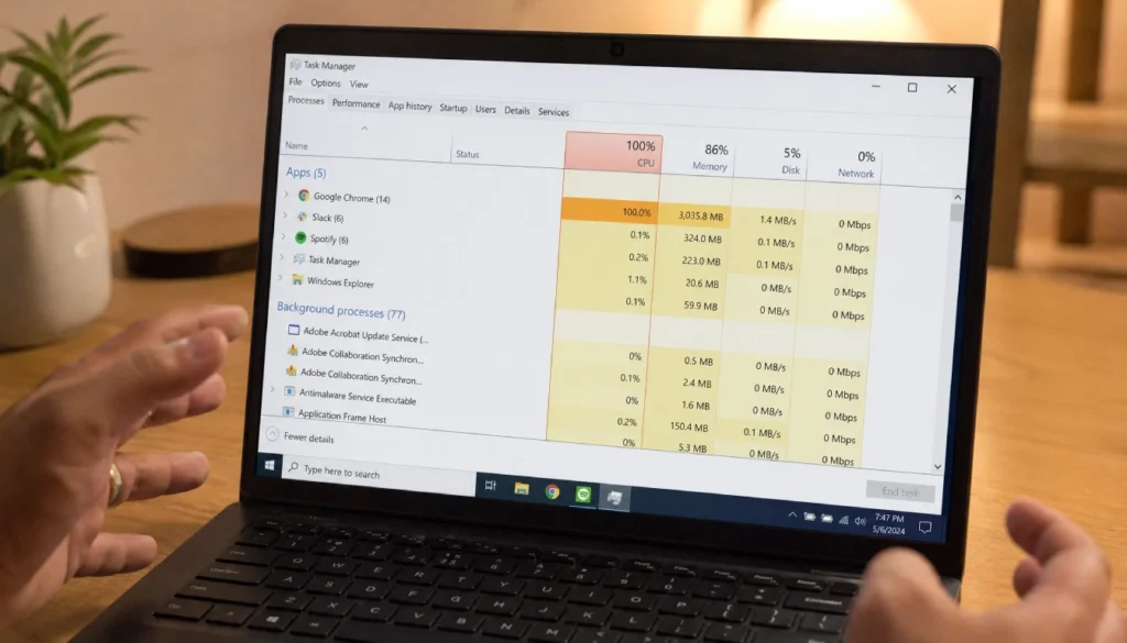 A laptop screen showing Task Manager with high CPU usage, representing a slow laptop troubleshooting scenario.