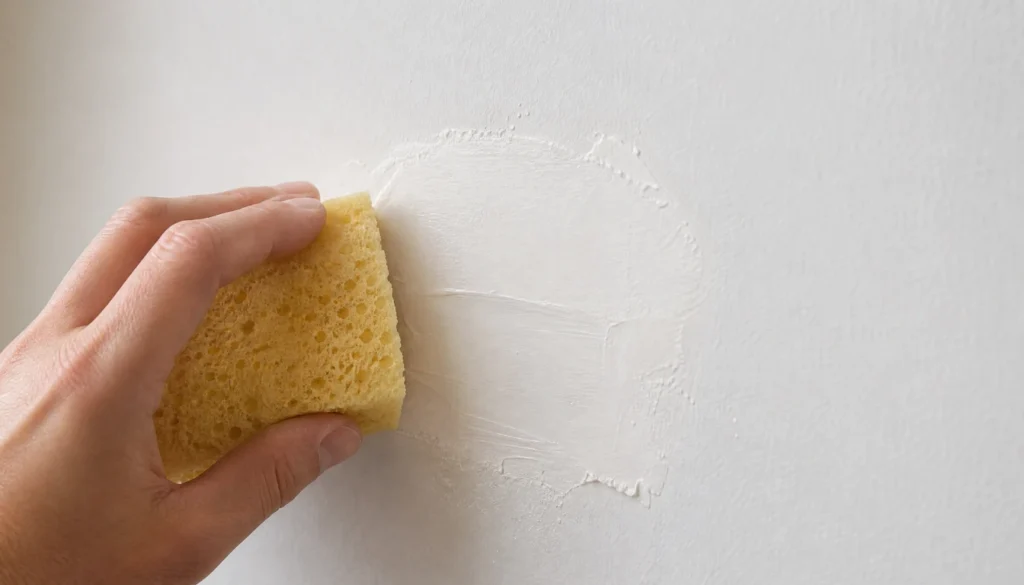 Hand using a damp sponge to smooth freshly applied spackle on a white wall without sandpaper