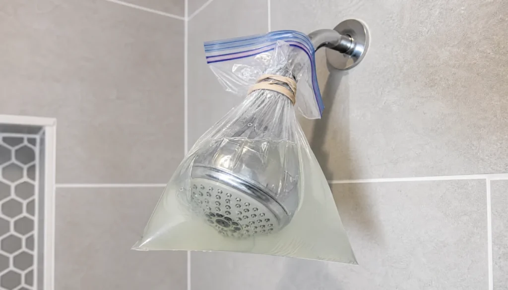 Shower head submerged in citric acid solution inside a plastic bag secured with rubber bands, bag method for descaling