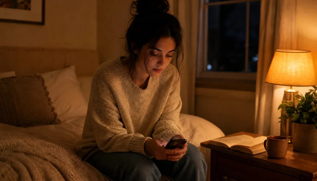 Young woman scrolling social media on her phone, seeing others'milestones and feeling the pressure of comparison in her 20s