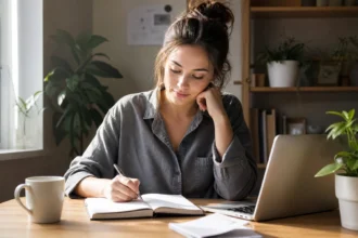Solo woman entrepreneur working at a home desk deciding whether she needs an LLC